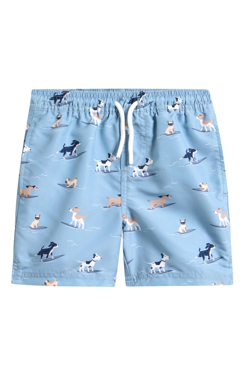 Petit Lem Kids' Surfing Pups Print Swim Trunks, Main, color, Blue
