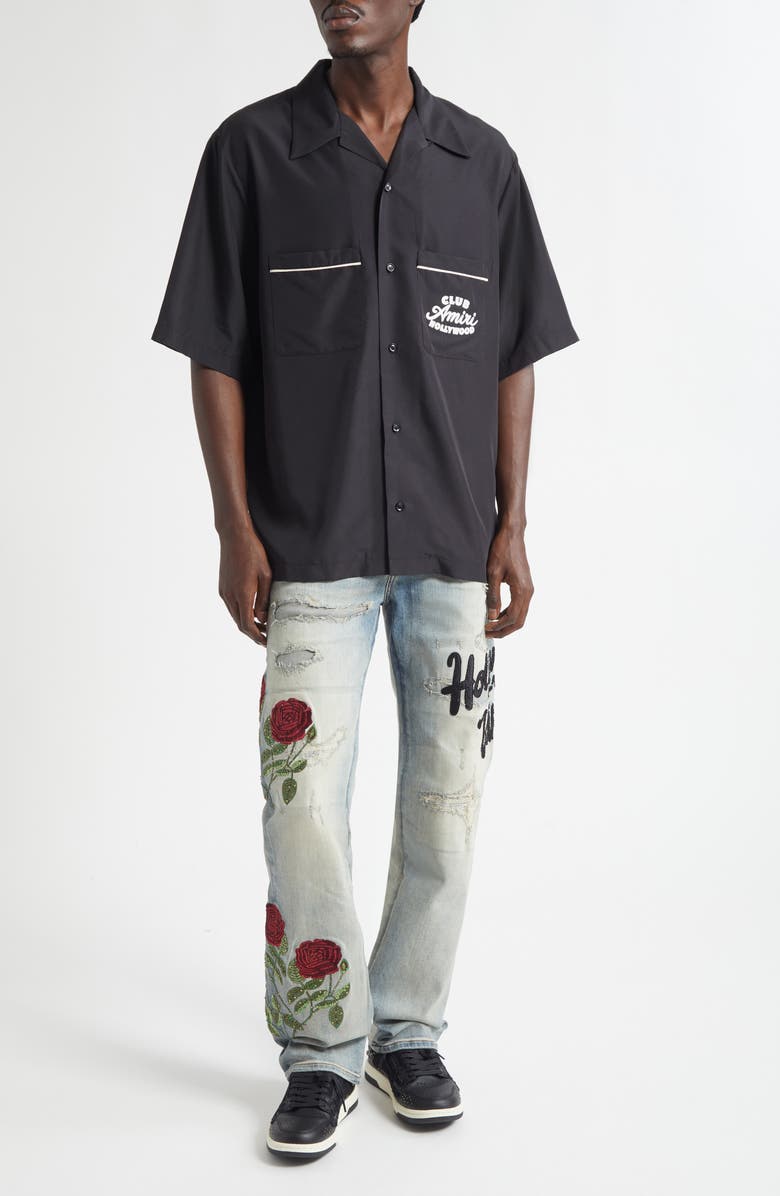 AMIRI Club Amiri Embroidered Camp Shirt, Alternate, color, Black