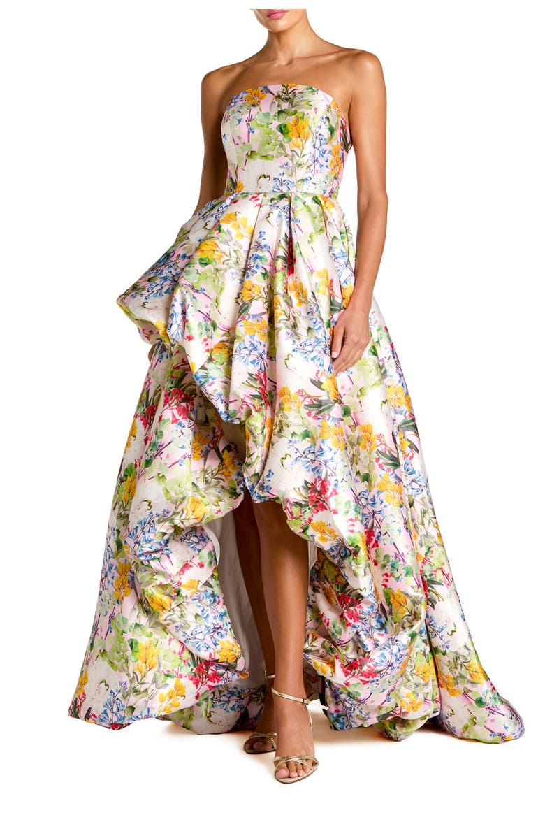 Mac Duggal Multicolor Strapless Floral High Low Bubble Hem Gown, Main, color, Pastel Multi