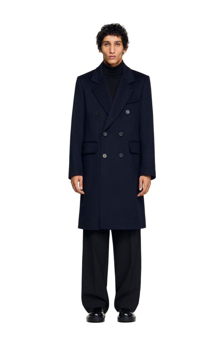 SANDRO Double-breasted wool coat, Main, color, Navy Blue