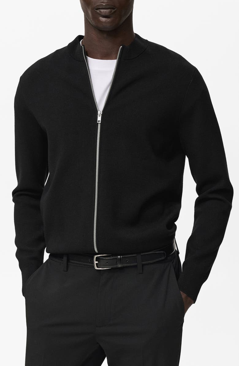 MANGO Crewneck Zip Cardigan, Main, color, Black