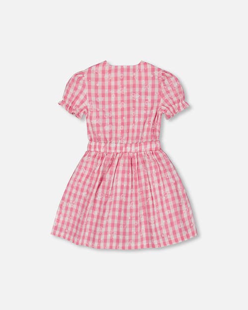 Deux Par Deux Girl's Puff Sleeve Dress With Waist Tie Pink And White Checks In Pink And White Checks