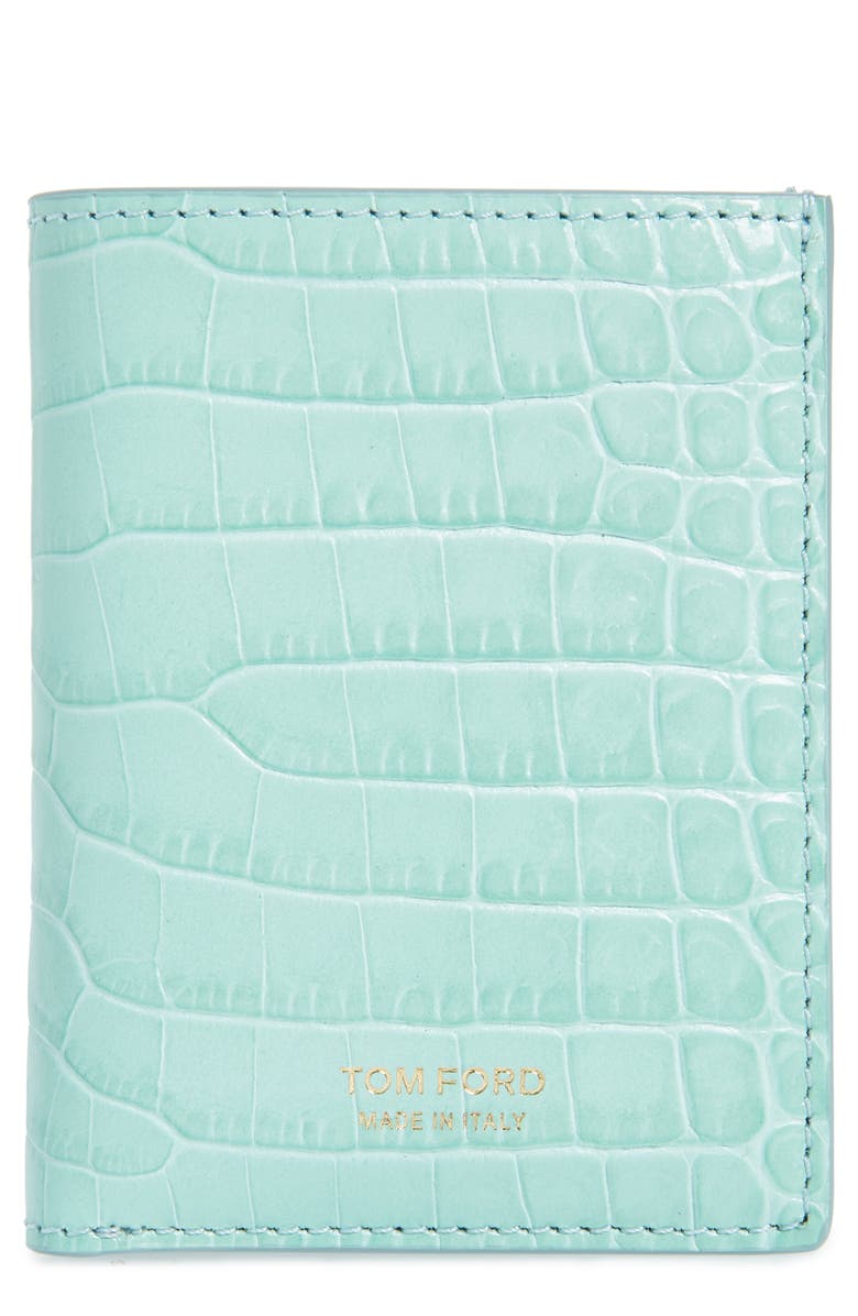 TOM FORD T-Line Croc Embossed Leather Bifold Card Case, Main, color, 