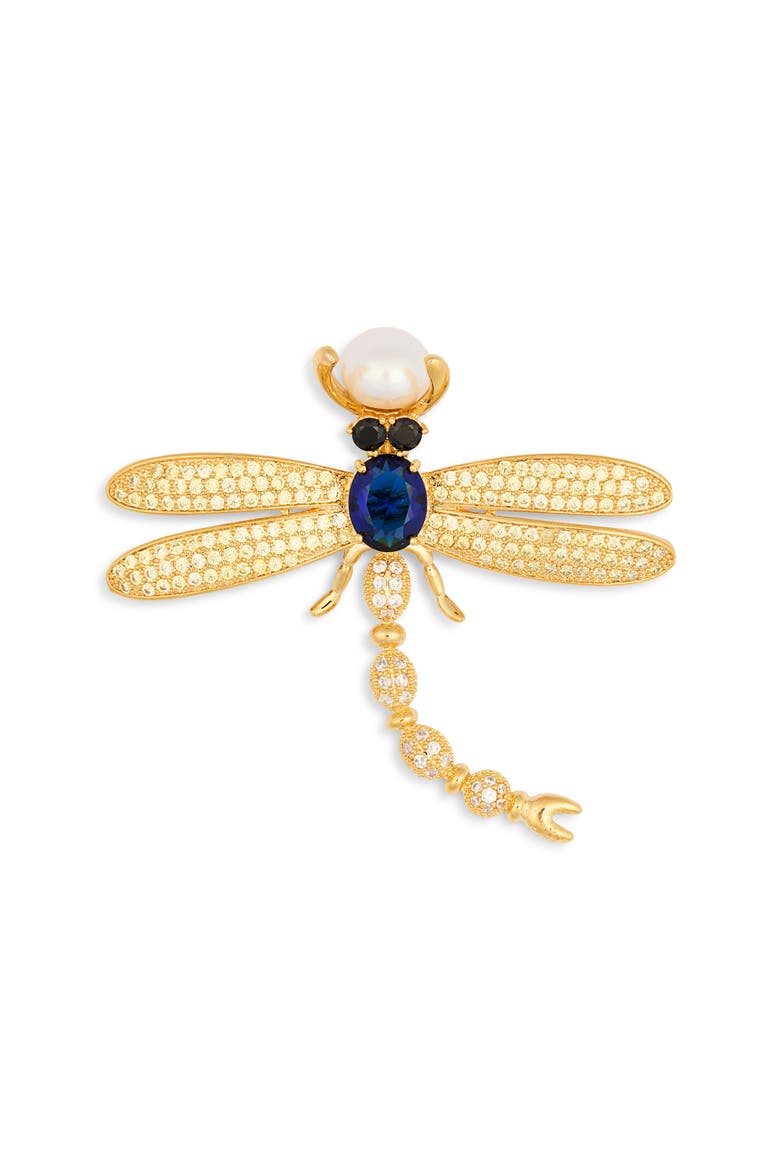 Cassandra Cubic Zirconia Damselfly Brooch, Main, color, GOLD