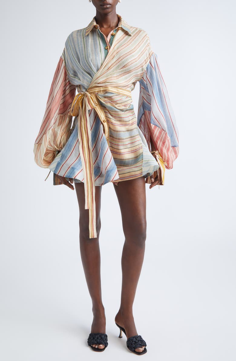 Zimmermann Rebellion Asymmetric Stripe Long Sleeve Linen & Silk Shirtdress, Main, color, Spliced Stripes
