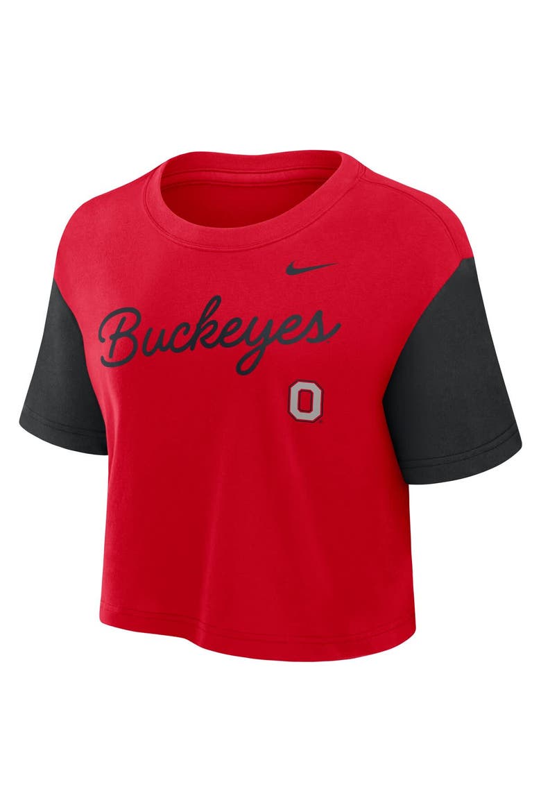 Women's Nike Scarlet/Black Ohio State Buckeyes Color-Block Script Dri-FIT Cropped T-Shirt, Alternate, color, Scarlet