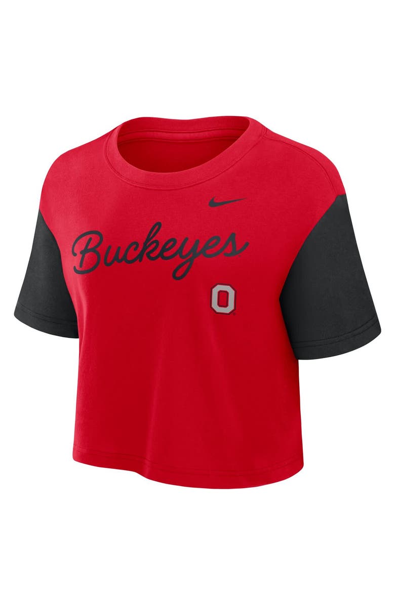 Nike Women's Nike Scarlet/Black Ohio State Buckeyes Color-Block Script Dri-FIT Cropped T-Shirt, Alternate, color, Scarlet