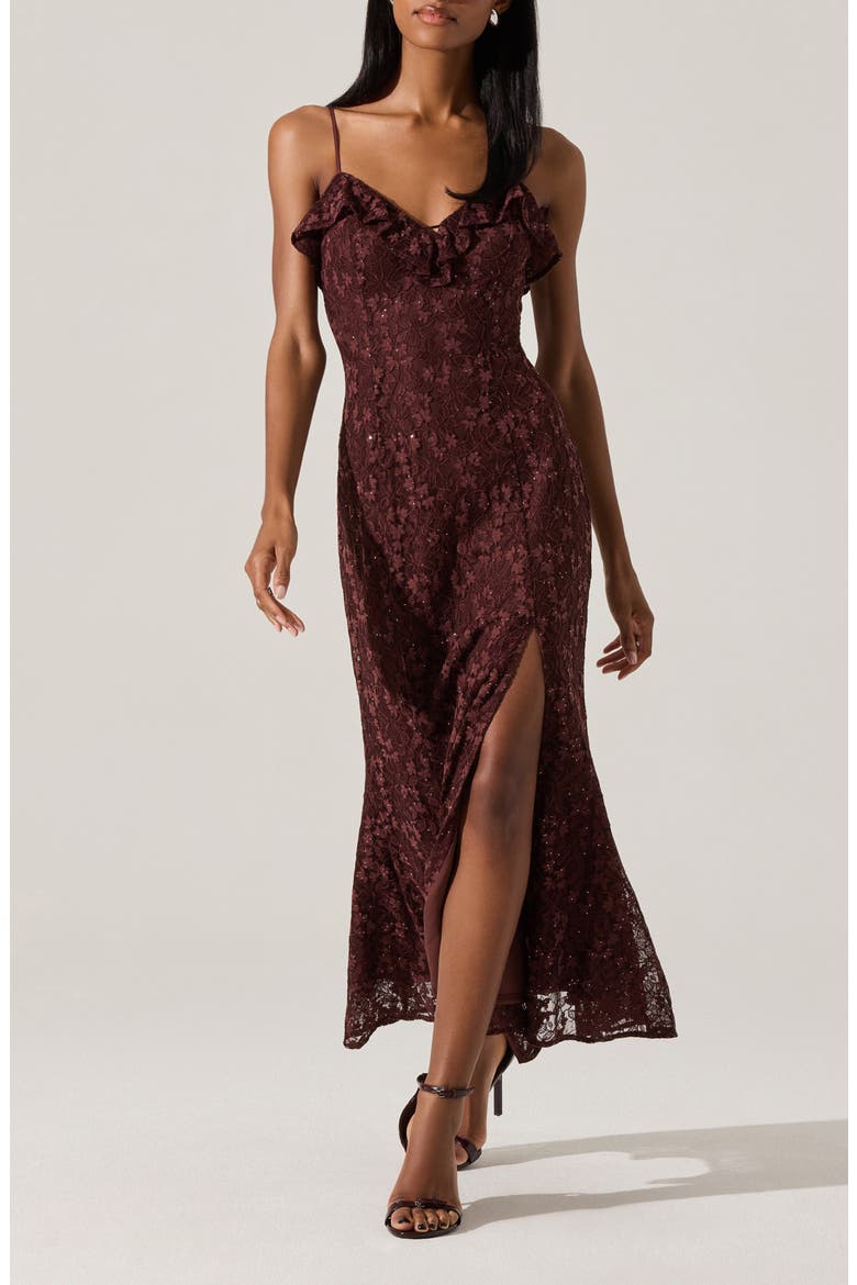 Leonie Lace & Sequin A-Line Dress, Main, color, WINE BROWN