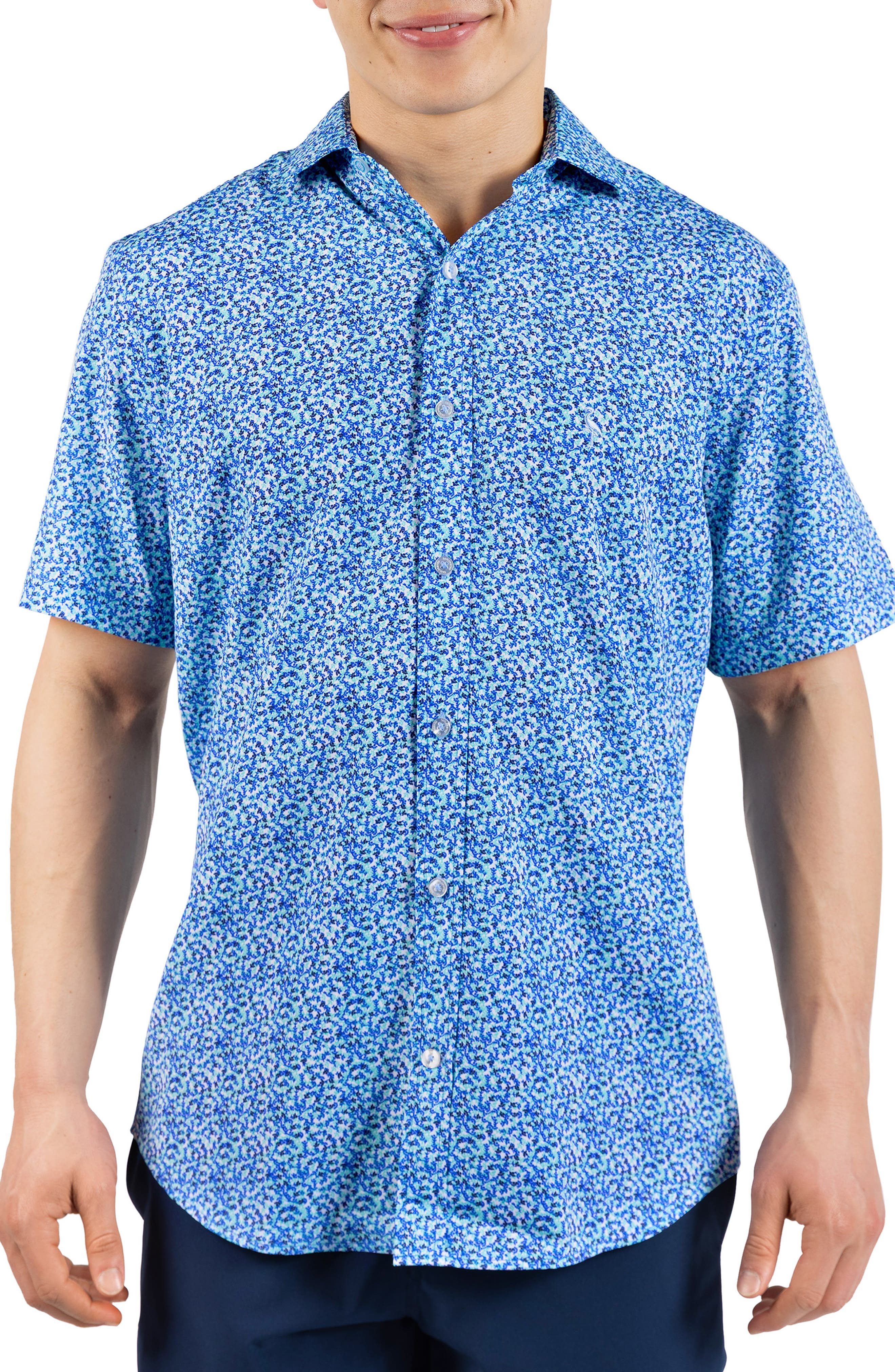 TailorByrd Swirling Floral Print Performance Short Sleeve Button-Up Shirt