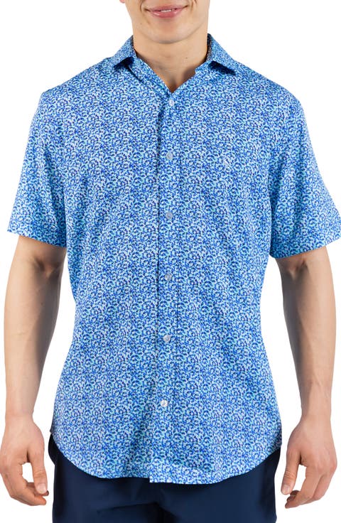 Swirling Floral Print Performance Short Sleeve Button-Up Shirt