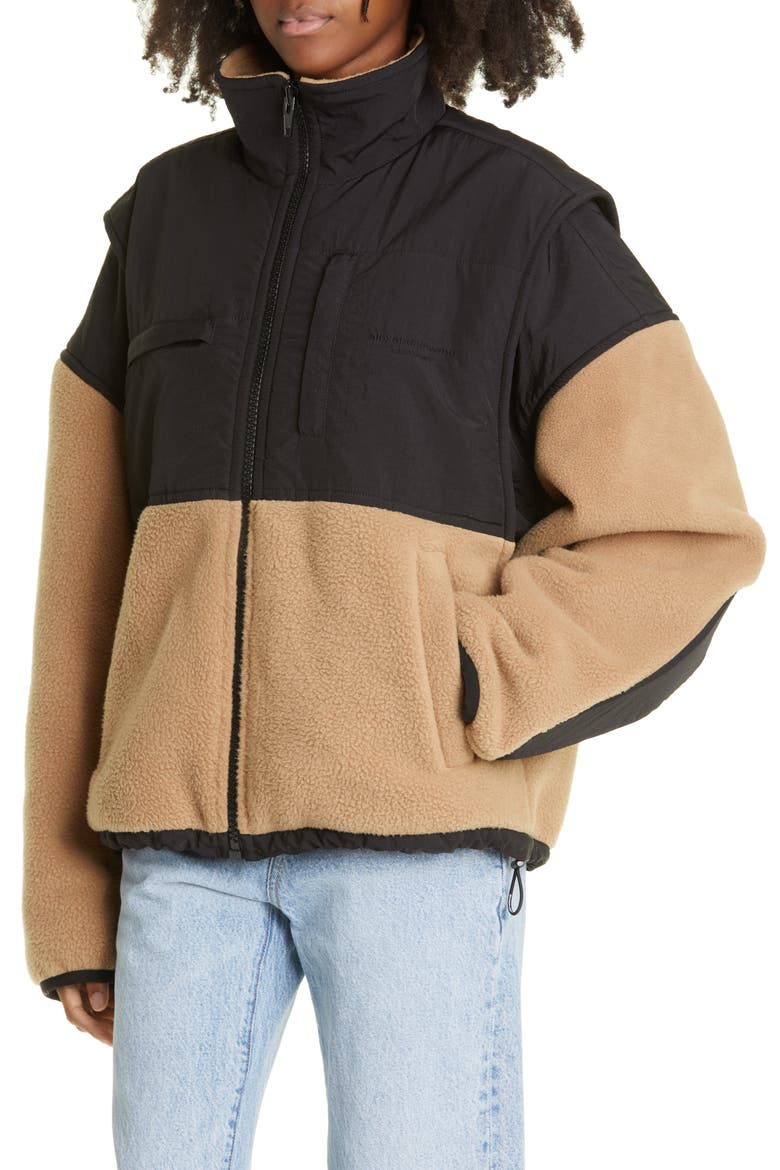 Oversize Nylon & Double Face Fleece Jacket, Alternate, color, CAMEL/ BLACK