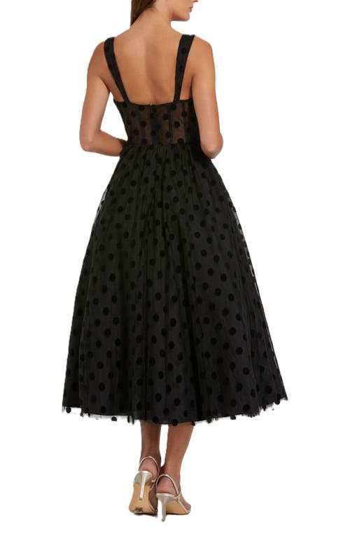 Mac Duggal Polka Dot Tulle Sweetheart Bustier A-line Midi Dress In Black
