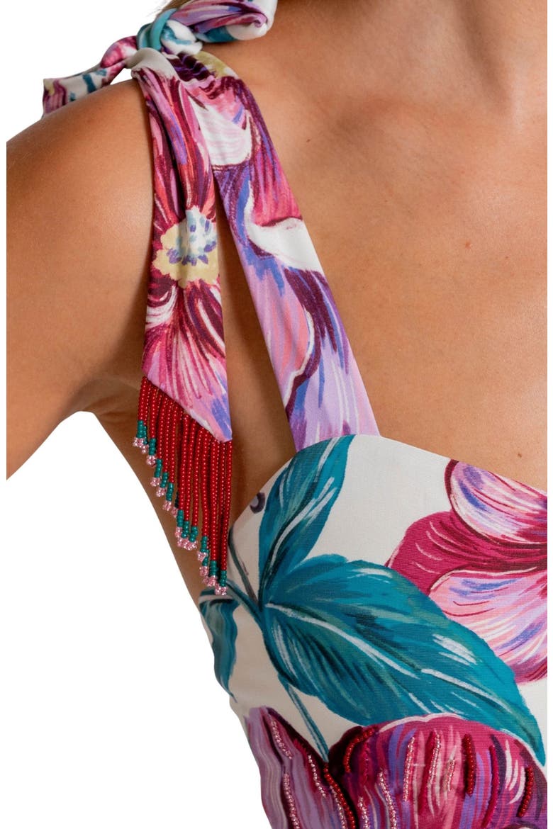 Bandeau Tie Strap One-Piece Swimsuit, Alternate, color, WHITE MULTI