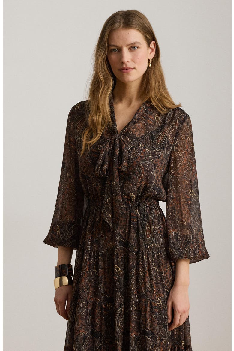 Paisley Long Sleeve Crinkle Georgette Midi Dress, Alternate, color, BLACK/ MULTI