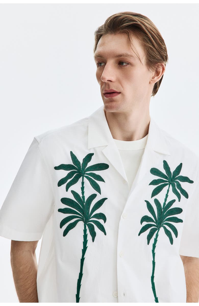 H&M Relaxed Fit Embroidered-motif Resort Shirt, Alternate, color, White/Palm Trees