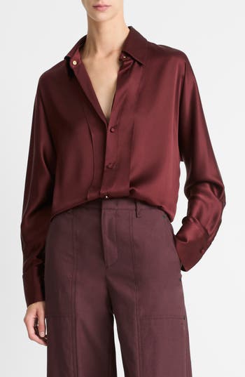 Vince Silk Button-up Shirt With Detachable Collar In Burgundy