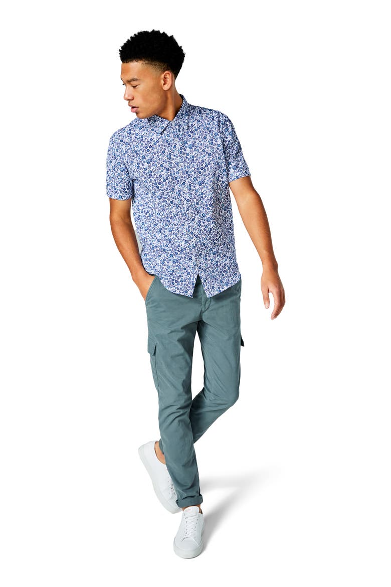 Flex Pro Slim Fit Print Short Sleeve Button-Up Shirt, Alternate, color, WHITE LEAFY JUNGLE