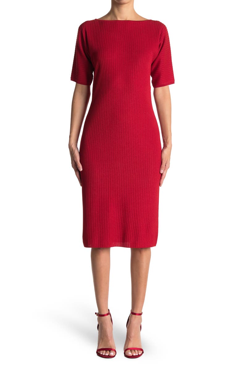 St. John Collection Ribbed Knit Boatneck Midi Dress, Main, color, 