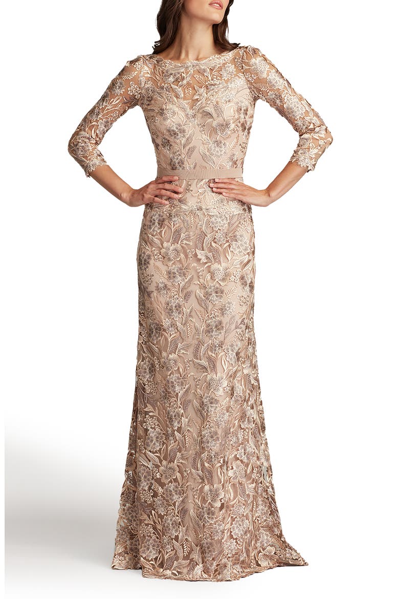 Floral Embroidered Bateau Neck Gown, Alternate, color, PEBBLE