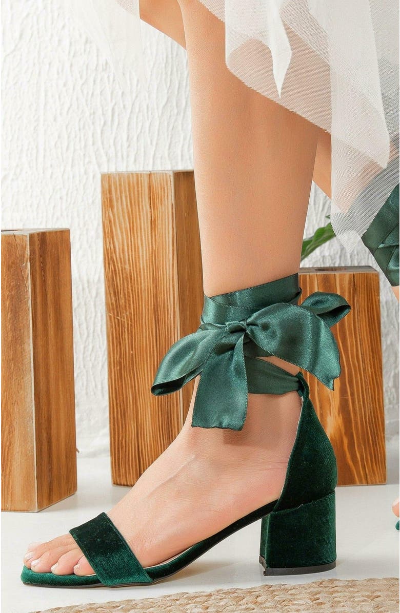 Forever & Always Shoes Athena Low Heel Sandals with Ribbon, Alternate, color, Emerald Green Velvet