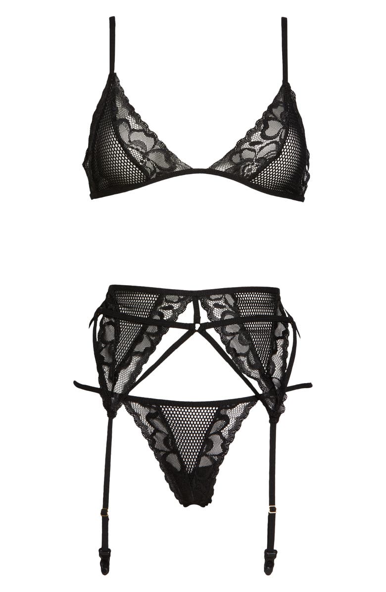 Mapale Lace & Mesh Bralette, Thong & Garter Belt Set, Alternate, color, 