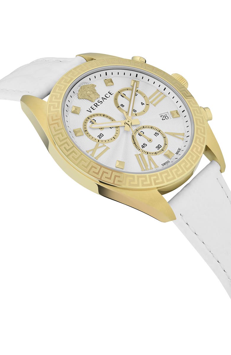Versace Greca Chronograph Leather Strap Watch, 40mm, Alternate, color, Gold