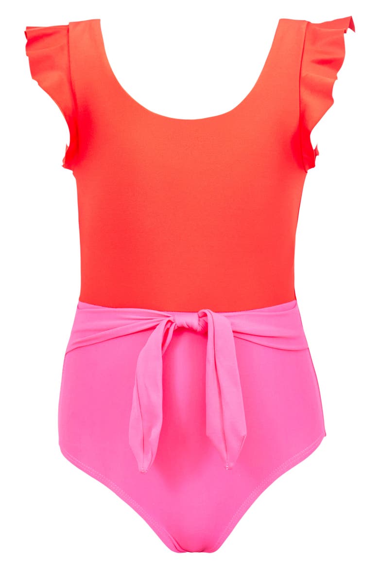 Kids' Belted Colorblock One-Piece Swimsuit, Main, color, COSMO PINK