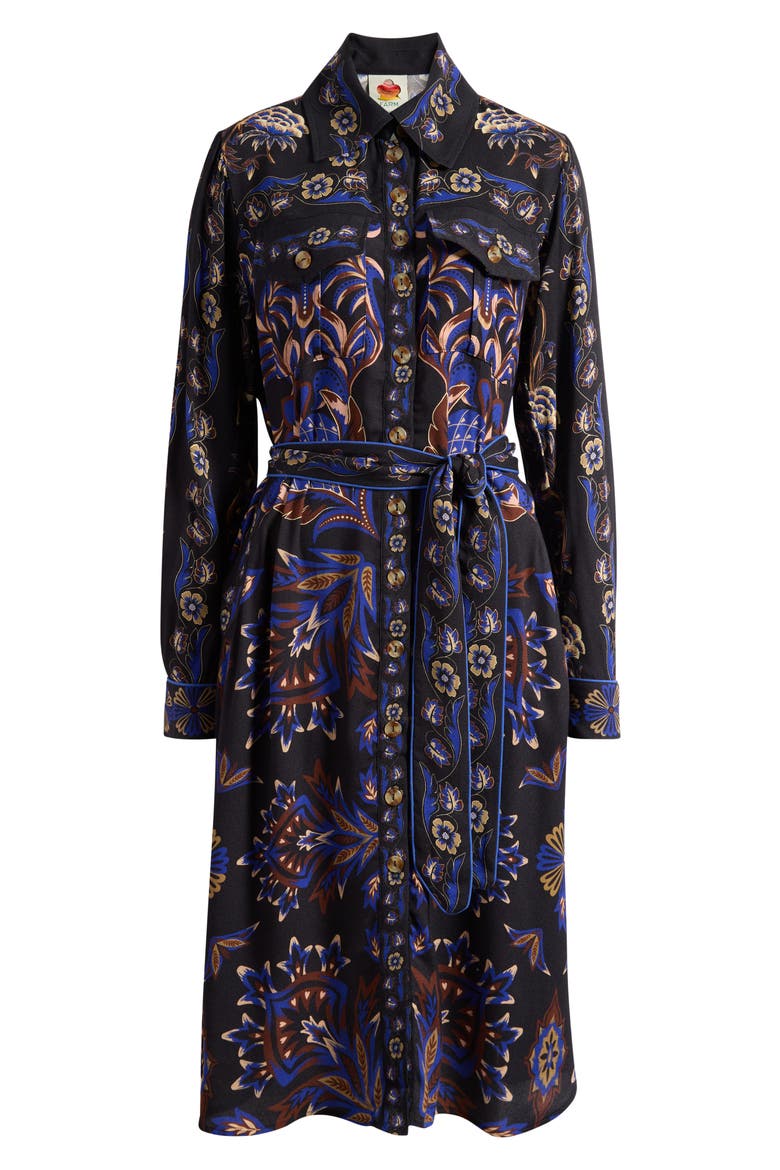 Arabesque Mix Scarves Long Sleeve Tie Belt Shirtdress, Alternate, color, BLACK