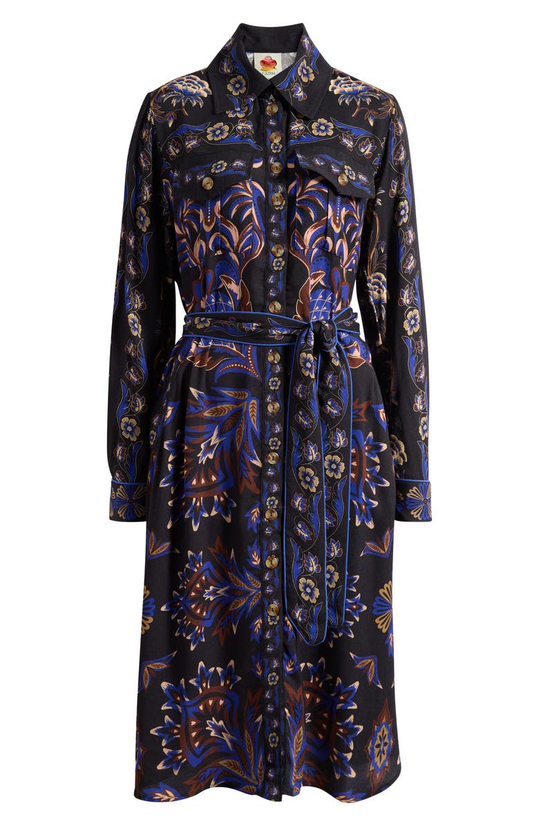 FARM Rio Arabesque Mix Scarves Long Sleeve Tie Belt Shirtdress, Alternate, color, Black