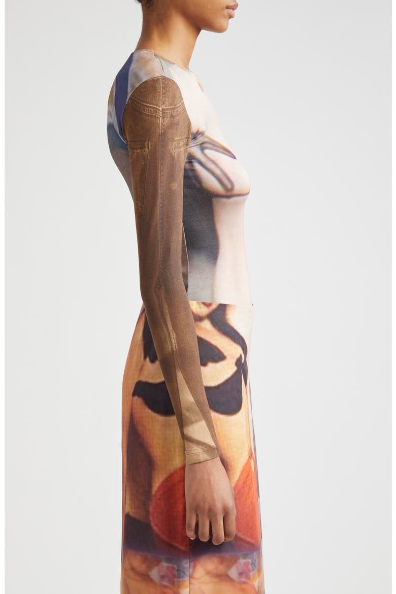 Ribbon Trompe l'Oeil Long Sleeve Jersey Bodysuit, Alternate, color, BROWN MULTI
