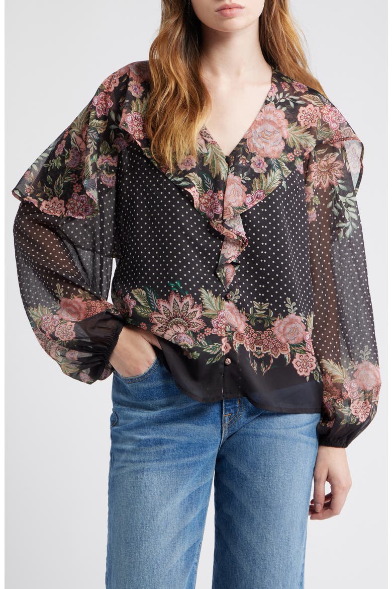 Floral Print Ruffle Top, Main, color, BLACK