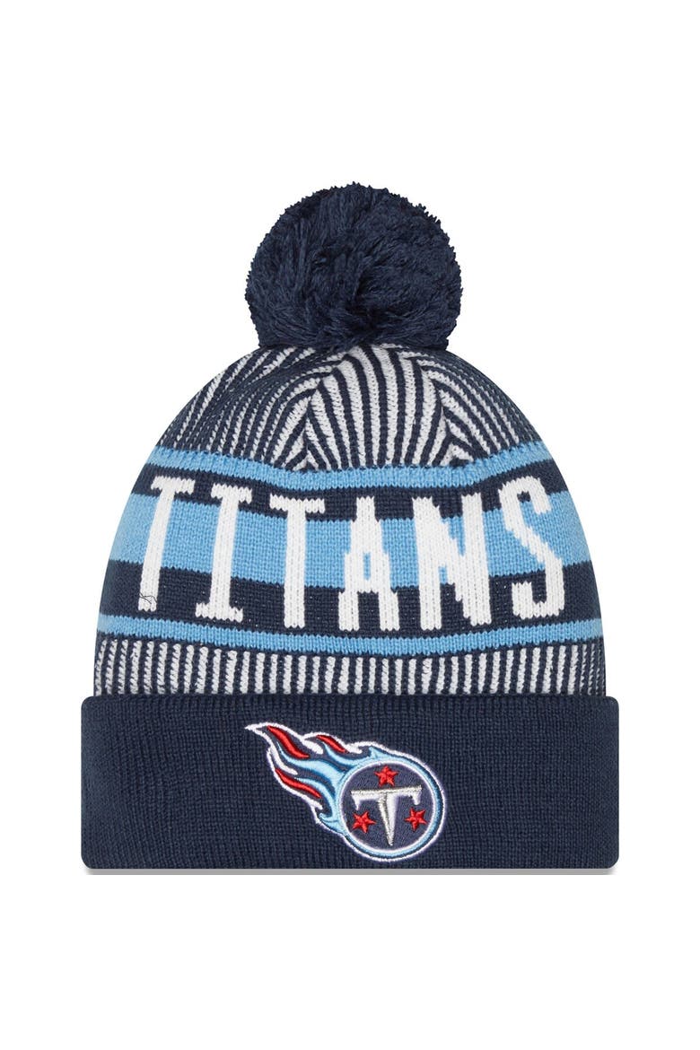 Men's New Era Navy Tennessee Titans Striped Cuffed Knit Hat with Pom, Main, color, Navy