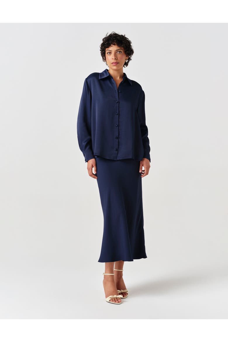 Esther Collared Satin Shirt, Alternate, color, Navy