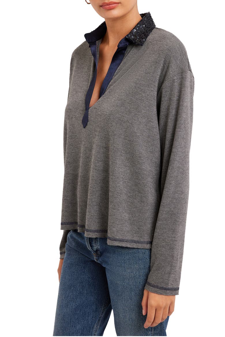 Kendall Sequin Collar Top, Alternate, color, DARK HEATHER GRAY