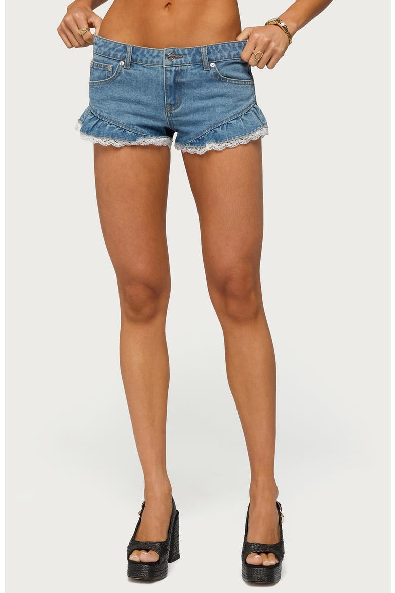 Roy Ruffle Lace Denim Micro Shorts, Main, color, LIGHT-BLUE