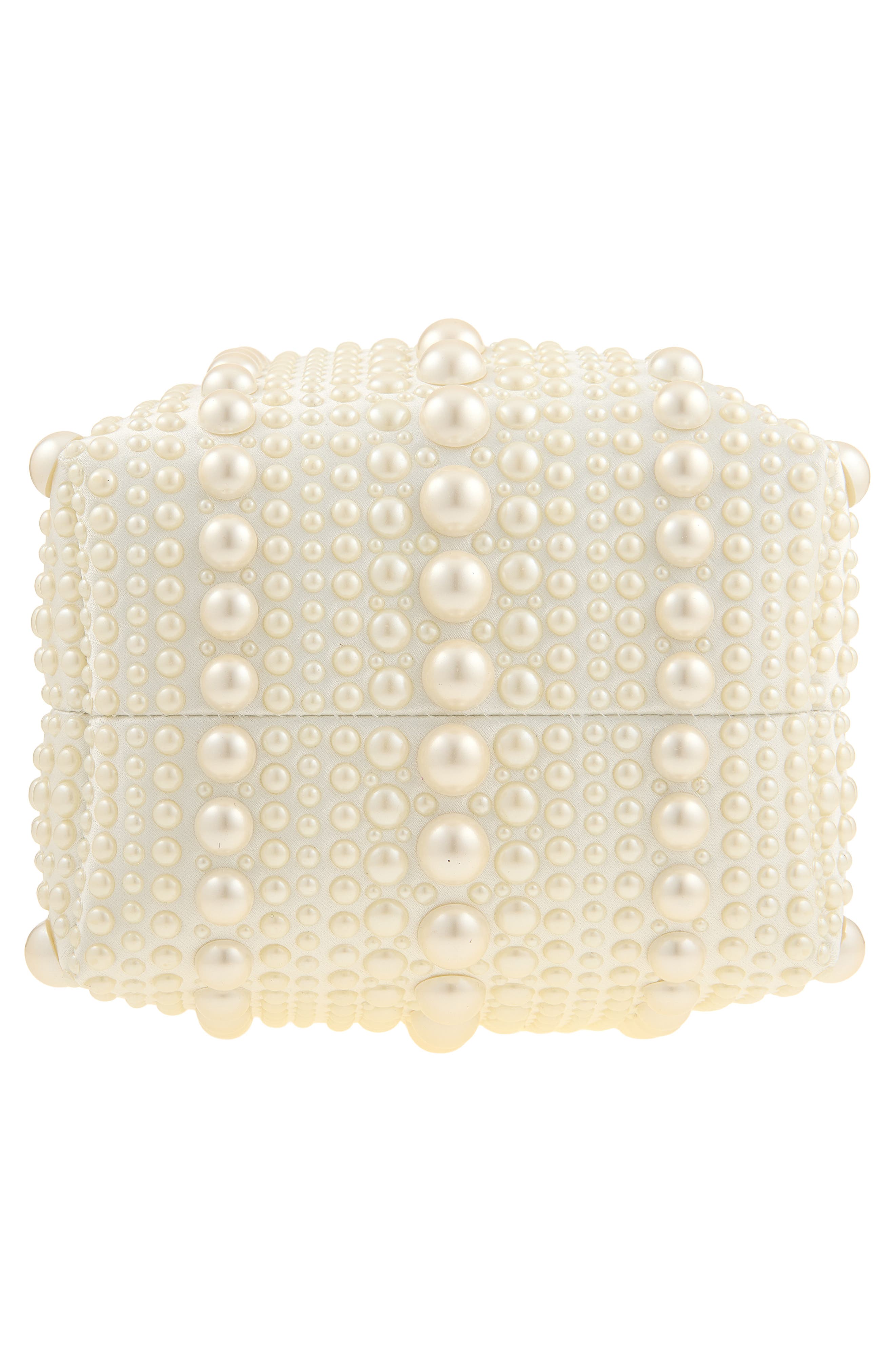 Micro Bon Bon Faux Pearl Embellished Satin Top Handle Pouch, Alternate, color, IVORY