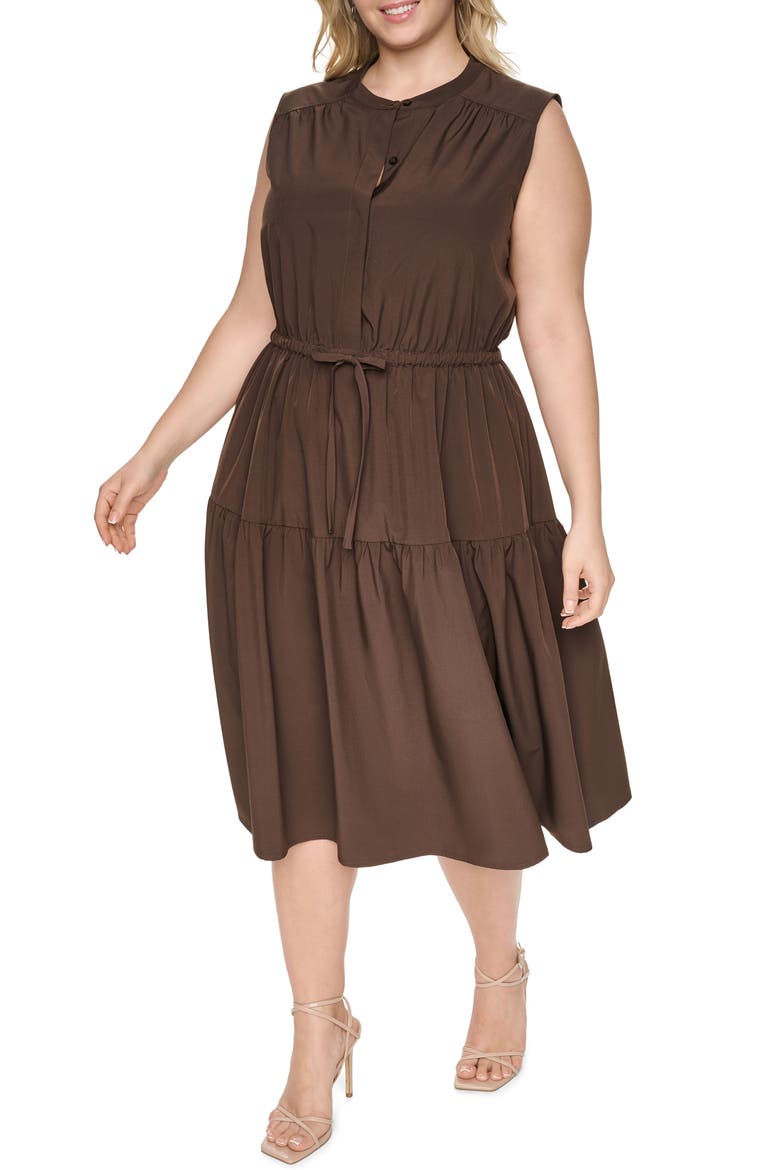 Drawstring A-Line Midi Dress, Alternate, color, COFFEE