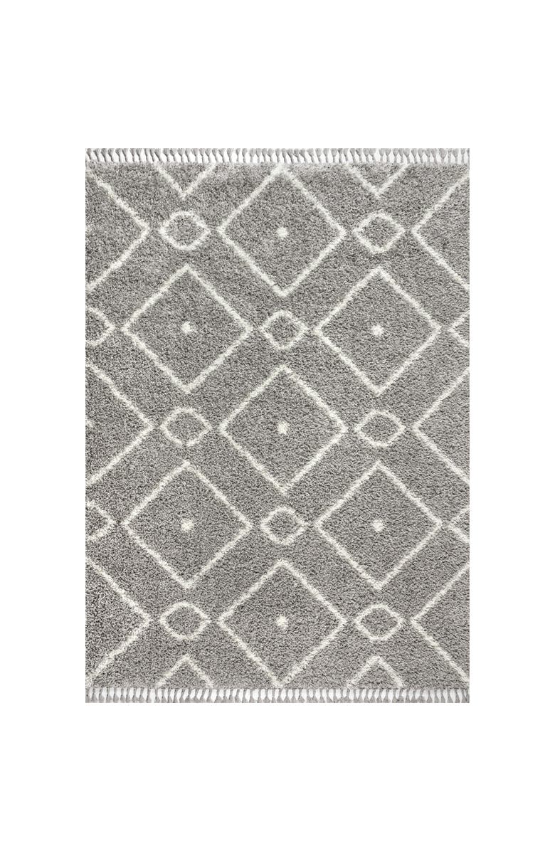 JONATHAN Y Mercer Shag Plush Tassel Moroccan Diamond Denim Area Rug, Main, color, Gray/Cream