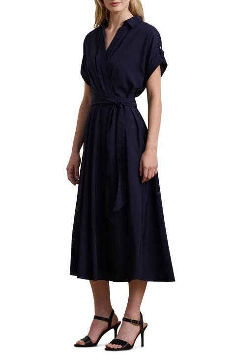 NWT Dessy 2024 Collection Lux Shimmer V Neck Floor Length Faux Wrap Dress Navy 8