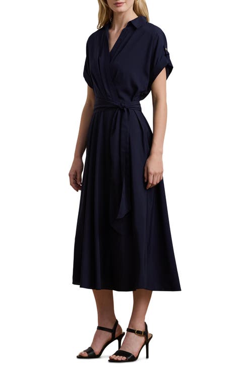 Short Sleeve Crepe Faux Wrap Dress