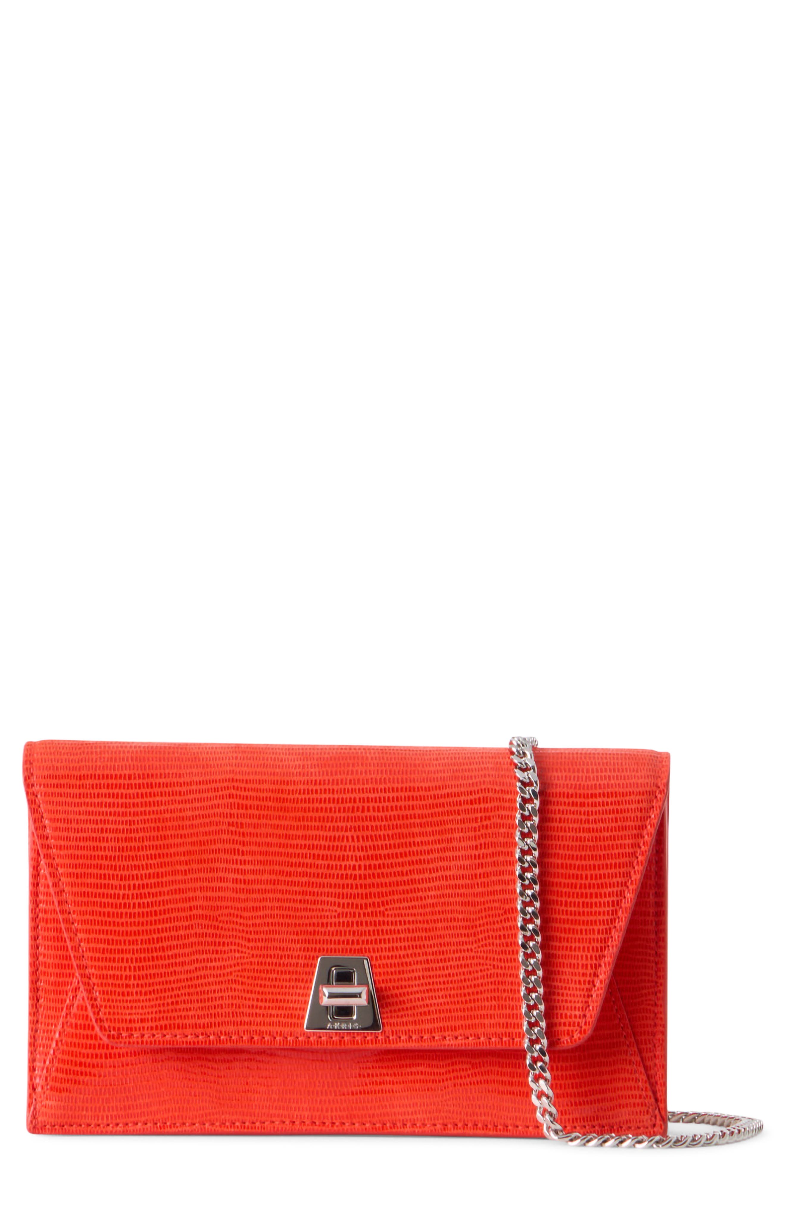 Anouk Lizard Embossed Leather Envelope Wallet on a Chain, Main, color, TANGERINE