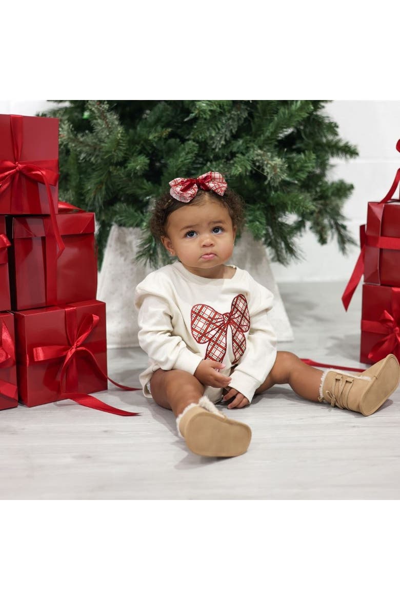 Christmas Plaid Bow Patch Long Sleeve Romper, Alternate, color, Natural