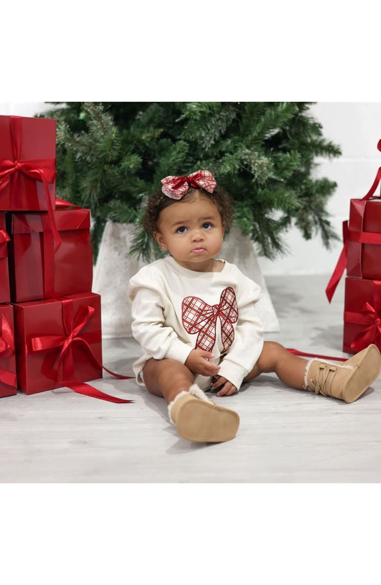 Sweet Wink Christmas Plaid Bow Patch Long Sleeve Romper, Alternate, color, Natural