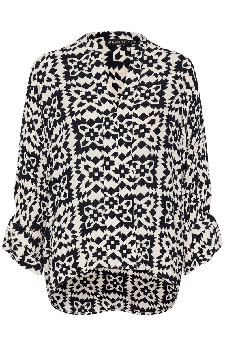 Soaked in Luxury Zaya 3/4 Sleeves V-Notch Neck Blouse, Alternate, color, White And Navy Folklore