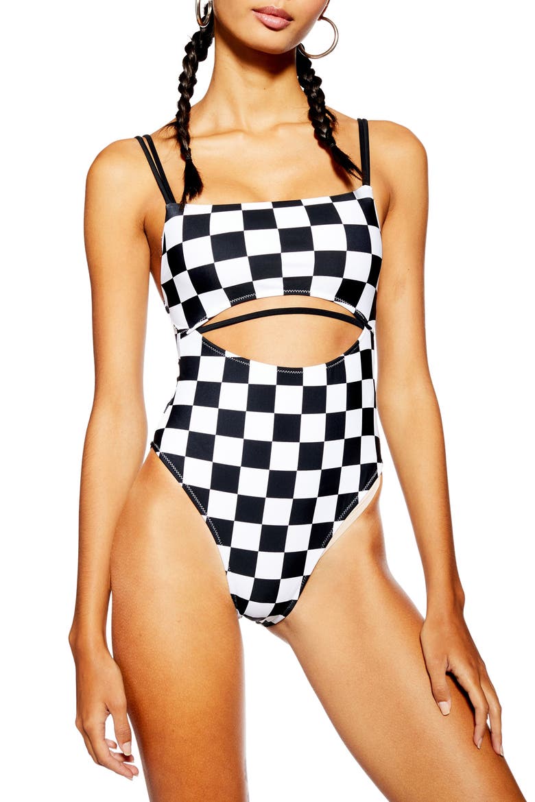 Checkerboard One-Piece Swimsuit, Main, color, BLACK MULTI