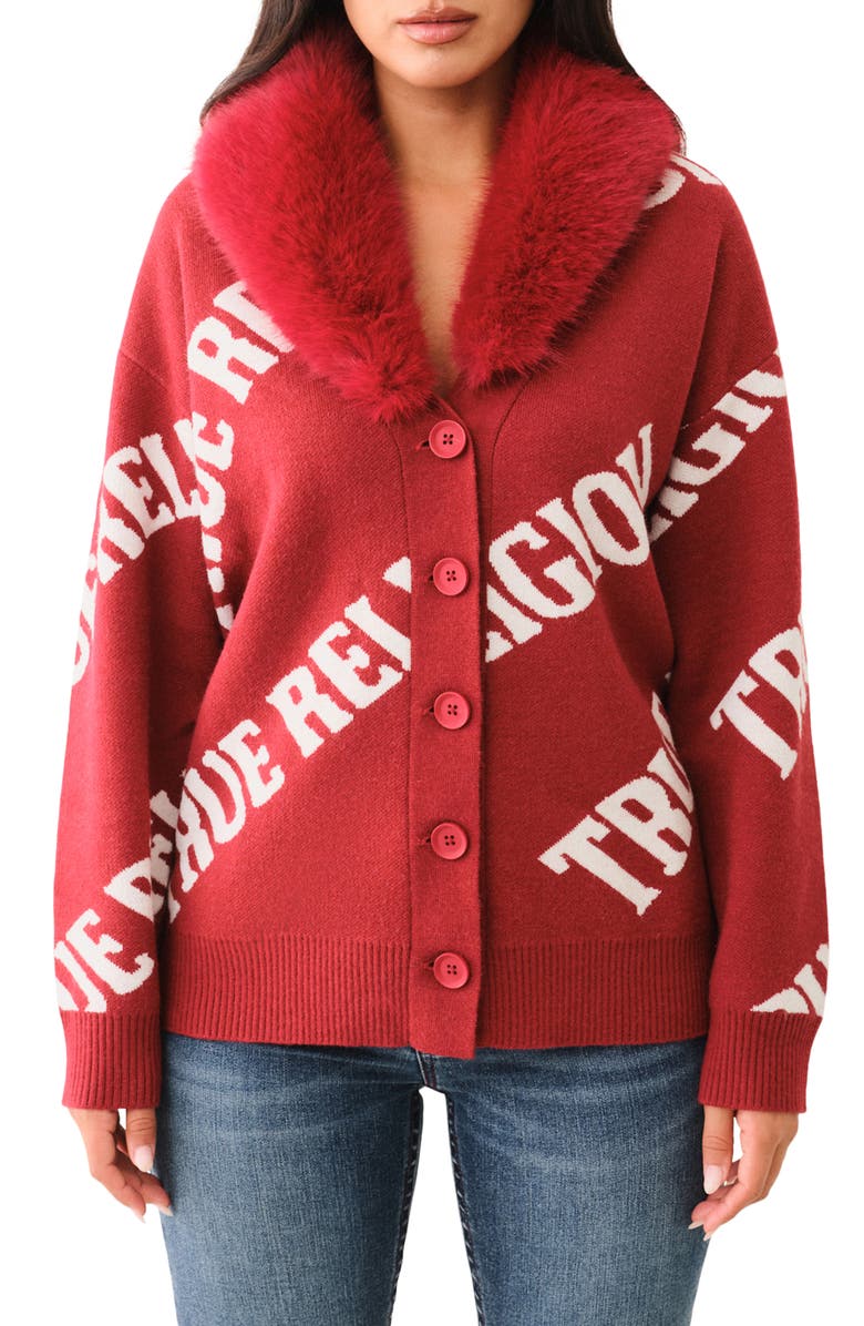 True Religion Faux Fur Collar Graphic Cardigan, Main, color, 