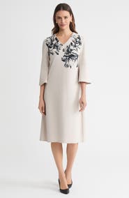 Ming Wang A-Line Floral Printed Stretch Deco Crepe Dress