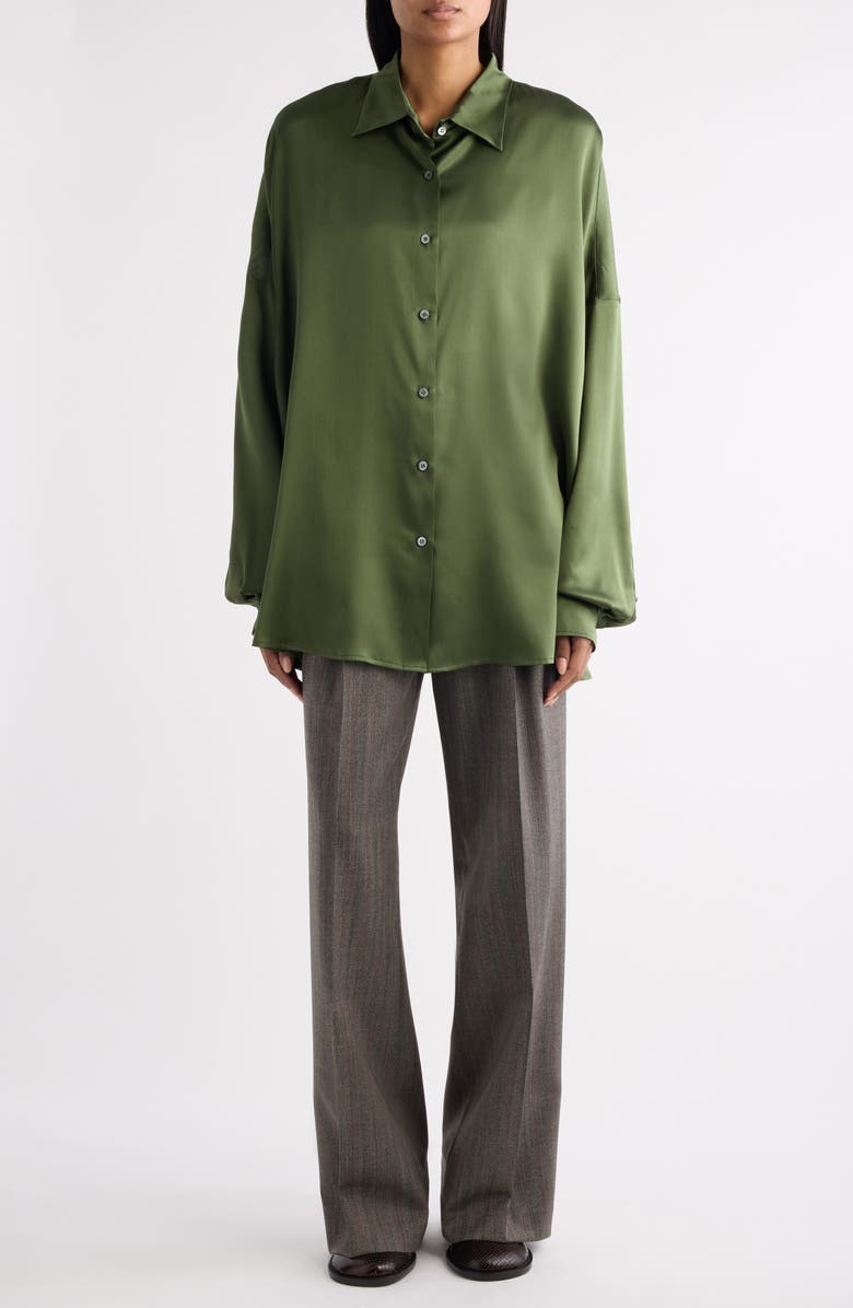 Dries Van Noten Casia Stretch Silk Button-Up Shirt, Alternate, color, Khaki