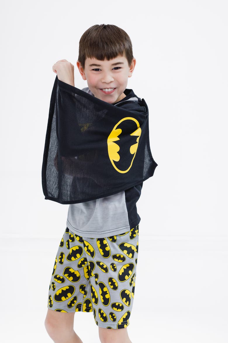 Justice League Batman Pajama Shirt and Shorts Set with Cape, Alternate, color, Heather Grey Batman