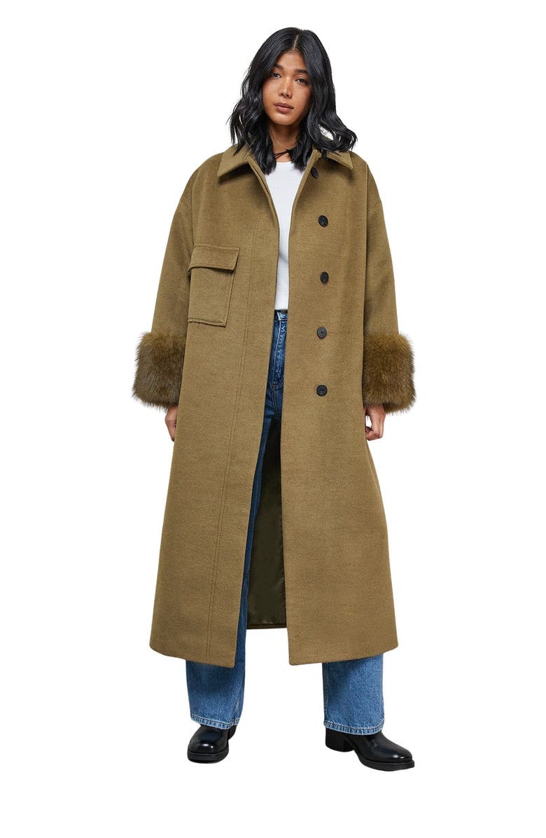 Warehouse Patch Pocket Faux Fur Cuff Maxi Coat, Main, color, Green